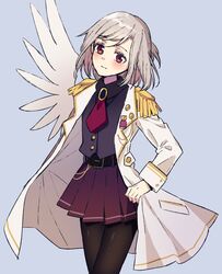  alternate_costume angel_wings ascot belt black_pantyhose blush braid coat female french_braid grey_hair head_tilt kishin_sagume long_sleeves looking_at_viewer medal military military_uniform pantyhose purple_shirt purple_skirt red_ascot red_eyes shirt short_hair single_wing skirt smile solo touhou touya_(konpekitou) uniform white_coat wings 