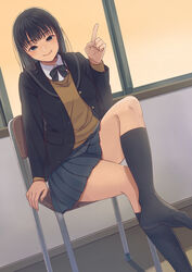  amagami ayatsuji_tsukasa black_eyes black_hair black_jacket black_ribbon black_skirt black_socks blazer brown_sweater_vest chair closed_mouth collared_shirt commentary facing_viewer female foot_out_of_frame hand_up highres index_finger_raised indoors jacket kibito_high_school_uniform knee_up kneehighs legs long_sleeves neck_ribbon no_shoes open_clothes open_jacket pleated_skirt ribbon ryo_taton school_uniform shirt sitting skirt smile socks solo sweater_vest toes window 