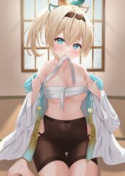  absurdres alternate_breast_size aqua_eyes bare_shoulders barefoot bike_shorts black_shorts blonde_hair blush breasts budget_sarashi chest_sarashi cleavage clothes_in_mouth collarbone covered_navel crossed_bangs female hair_intakes hair_ornament haori highres hip_vent hololive indoors japanese_clothes kazama_iroha kazama_iroha_(1st_costume) large_breasts leaf_hair_ornament looking_at_viewer medium_hair off_shoulder panties panty_straps ponytail sarashi shorts sidelocks sitting solo string_panties tatami thigh_gap thighs underwear undressing uni_ikura virtual_youtuber window 