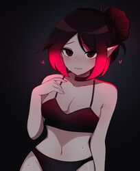  black_bra black_hair black_panties blush borrowed_character bra breasts cleavage closed_mouth female gradient_hair hair_bun heart highres large_breasts lips looking_at_viewer multicolored_hair navel original panties pointy_ears red_hair rukiadaichi short_hair sweat underwear 