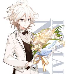  1boy absurdres bad_id bad_twitter_id bow bowtie brown_bow brown_bowtie brown_ribbon brown_vest character_name collared_shirt cowboy_shot danganronpa_(series) danganronpa_10th_anniversary_costume danganronpa_2:_goodbye_despair dress_shirt flower gloves gradient_hair green_eyes grin hair_between_eyes half_gloves highres jacket komaeda_nagito long_sleeves male_focus medium_hair messy_hair midou_(grk12138) multicolored_hair official_alternate_costume open_clothes open_jacket pants ribbon shirt smile solo teeth traditional_bowtie vest white_background white_gloves white_hair white_jacket white_pants white_ribbon white_shirt 