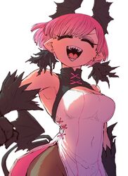  armpit_crease bat_wings black_wings breasts brown_pantyhose cleavage closed_eyes commentary_request dress fangs fangs_out female head_wings highres large_breasts looking_at_viewer low_wings multicolored_hair no_nose open_mouth pantyhose pink_eyes pink_hair pointy_ears raspberry_(yakunitatsu_node_chi_o_kudasai) shadow sharp_teeth shirt short_hair smile solo streaked_hair teeth vampire white_background white_dress wings yakunitatsu_node_chi_o_kudasai zyugoya 