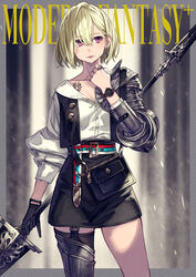  absurdres armor asymmetrical_clothes blonde_hair chest_tattoo cowboy_shot earrings female gloves hair_between_eyes highres holding holding_weapon jewelry kusano_shinta original red_eyes ring short_hair single_glove single_thighhigh solo tattoo thighhighs watch weapon wristwatch 