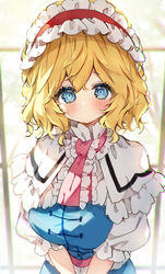  alice_margatroid bad_id bad_pixiv_id blonde_hair blue_dress blue_eyes blush capelet dress female frilled_hairband frills hairband highres indoors lolita_hairband looking_at_viewer md5_mismatch piyokichi puffy_sleeves short_hair short_sleeves solo touhou window 