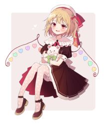  black_dress blonde_hair bloomers blush character_name cherry_hair_ornament cherry_print crossed_arms dress female flandre_scarlet food-themed_hair_ornament food_print frilled_shirt_collar frills full_body hair_between_eyes hair_ornament hat hat_ribbon heart heart_wings highres holding holding_stuffed_toy looking_at_viewer neck_ribbon oerba_yun_fang one_side_up pink_legwear puffy_short_sleeves puffy_sleeves red_eyes red_ribbon ribbon shoes short_hair short_sleeves skin_fang solo stuffed_animal stuffed_toy teddy_bear touhou touya_(konpekitou) underwear wings 