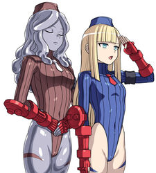  2girls blonde_hair blue_headwear blunt_bangs bodypaint breasts brown_headwear brown_leotard cammy_white cammy_white_(cosplay) closed_eyes colored_skin commentary_request cosplay cowboy_shot dark_persona fate/grand_order fate_(series) fingerless_gloves garrison_cap gloves green_eyes grey_hair grey_skin hai_(h81908190) hat highleg highleg_leotard leotard long_hair lord_el-melloi_ii_case_files metal_skin mind_control multiple_girls necktie red_gloves red_necktie reines_el-melloi_archisorte ribbed_leotard salute shadaloo_dolls simple_background small_breasts standing street_fighter street_fighter_zero_(series) trimmau_(fate) white_background white_necktie 