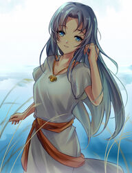  ancient_ys_vanished blue_background blue_eyes blue_hair closed_mouth collarbone cowboy_shot dress feena_(ys) female floating_hair gradient_background hair_intakes haku_wi hand_in_own_hair highres jewelry long_hair looking_at_viewer necklace short_sleeves smile solo standing straight_hair very_long_hair wheat white_background white_dress ys 