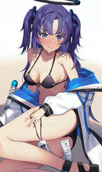  bare_shoulders bikini black_bikini blue_archive blush breasts closed_mouth e_buki female halo highres jacket long_hair looking_at_viewer medium_breasts open_clothes open_jacket parted_bangs purple_eyes purple_hair solo swimsuit thighs two_side_up white_jacket yuuka_(blue_archive) 