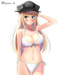  bikini bismarck_(kancolle) blonde_hair blue_eyes breasts cleavage collarbone commentary_request cowboy_shot female front-tie_top hat kantai_collection large_breasts long_hair peaked_cap side-tie_bikini_bottom simple_background solo swimsuit toyomi_13 twitter_username white_background white_bikini 