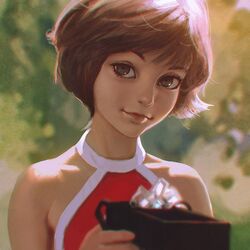  alisa_seleznyova bare_shoulders blurry blurry_background brown_hair close-up closed_mouth day eyebrows female grey_eyes guest_from_the_future holding ilya_kuvshinov lips looking_at_viewer md5_mismatch outdoors short_hair smile solo source_request sunlight upper_body 