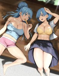  2girls :d alternate_costume alternate_hairstyle aqua_(konosuba) bare_shoulders barefoot blue_camisole blue_eyes blue_hair blunt_bangs bra breasts camisole cleavage collarbone commentary_request commission contemporary day eating eye_contact feet feet_out_of_frame food foot_out_of_frame from_above highres holding holding_food isekai_quartet izawa_(bhive003) kono_subarashii_sekai_ni_shukufuku_wo! large_breasts legs long_hair looking_at_another lying midriff muffin_top multiple_girls navel neckerchief on_back open_clothes open_mouth open_shirt pink_shorts pixiv_commission pleated_skirt plump popsicle re:zero_kara_hajimeru_isekai_seikatsu red_neckerchief rem_(re:zero) sailor_collar school_uniform serafuku shirt short_hair short_shorts short_sleeves shorts skindentation skirt smile stomach strap_slip sunlight sweat teeth thighs toenails toes underwear white_shirt wooden_floor yellow_bra 