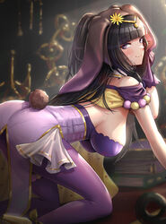  all_fours ass bare_shoulders black_hair blunt_bangs book book_stack breasts commentary_request fake_tail feet_out_of_frame female fire_emblem fire_emblem_awakening fire_emblem_heroes gonzarez highres large_breasts leotard looking_at_viewer pantyhose purple_leotard purple_pantyhose rabbit_tail smile solo tail tharja_(fire_emblem) tharja_(spring)_(fire_emblem) thighs two_side_up 