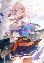  astral_express_(honkai:_star_rail) blue_eyes blue_jacket blue_skirt camera cloud commentary_request cowboy_shot female gradient_eyes hassan_(sink916) highres holding holding_camera honkai:_star_rail honkai_(series) jacket long_hair long_sleeves looking_at_viewer looking_back march_7th_(honkai:_star_rail) march_7th_(preservation)_(honkai:_star_rail) multicolored_eyes off-shoulder_shirt off_shoulder overskirt parted_lips partial_commentary pink_eyes pink_hair pleated_skirt shirt skirt solo tied_jacket white_shirt 