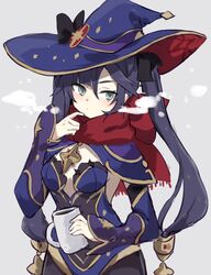  bad_id bad_twitter_id black_pantyhose blue_eyes bow breasts breath cape cup detached_sleeves female freenote_mr genshin_impact hair_between_eyes hair_ornament hair_ribbon hat hat_bow highres holding holding_cup leotard long_hair mona_(genshin_impact) mug pantyhose purple_hair purple_leotard red_scarf ribbon scarf simple_background small_breasts solo twintails witch_hat 