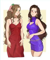  2girls aerith_gainsborough aerith_gainsborough_(red_dress) black_hair bow breasts brown_eyes brown_hair cleavage cleavage_cutout clothing_cutout crescent crescent_earrings crossed_legs dress earrings final_fantasy final_fantasy_vii green_eyes hairbow jewelry looking_at_viewer multiple_girls official_alternate_costume official_alternate_hairstyle pudelmudel purple_dress red_dress tifa_lockhart wavy_hair 