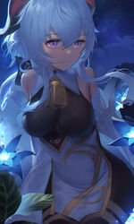  bare_shoulders bell black_gloves blue_hair bodystocking breasts closed_mouth cowbell cowboy_shot detached_sleeves female ganyu_(genshin_impact) genshin_impact gloves glowing hair_between_eyes highres horns impossible_clothes large_breasts long_hair long_sleeves looking_away looking_to_the_side mamima night night_sky purple_eyes sky smile solo sparkle star_(sky) starry_sky very_long_hair 