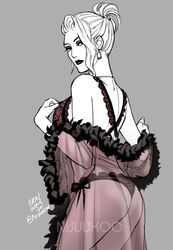  ass bra earrings female final_fantasy final_fantasy_vii final_fantasy_vii_remake jewelry lace lace-trimmed_bra lace-trimmed_panties lace_trim lingerie lipstick looking_at_viewer looking_back makeup monochrome nightgown nijuuni off_shoulder panties scarlet_(ff7) solo spot_color underwear 