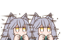  afterimage animal_ear_fluff animal_ears arknights black_shirt blush clenched_hands commentary_request dempsey_roll female grey_hair guin_guin lowres projekt_red_(arknights) shirt simple_background speed_lines upper_body v-shaped_eyebrows white_background yellow_eyes 