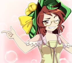  amigasa armpit_peek arms_up artist_name bad_id bad_pixiv_id bare_shoulders bell breasts brown_eyes brown_hair bubble_background commentary dress female futatsuiwa_mamizou glasses gradient_background grin hat_bell jingle_bell leaf leaf_on_head looking_at_viewer lunamoon_(style) one_eye_closed pink_background remyfive semi-rimless_eyewear short_hair sleeveless sleeveless_dress small_breasts smile solo standing thick_eyebrows touhou under-rim_eyewear upper_body yellow-framed_eyewear yellow_dress 