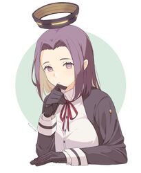  black_gloves commentary_request female gloves halo highres ichiroku_(sakumogu-029) kantai_collection long_sleeves looking_at_viewer mechanical_halo neck_ribbon purple_eyes purple_hair red_ribbon ribbon short_hair solo tatsuta_(kancolle) two-tone_background upper_body white_background 