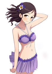  arm_at_side arm_up ayase_honoka bare_arms bare_shoulders bikini bikini_skirt black_hair blush breasts brown_eyes closed_mouth collarbone cowboy_shot female flower front-tie_bikini_top front-tie_top hair_flower hair_ornament highres idolmaster idolmaster_cinderella_girls long_hair looking_at_viewer medium_breasts navel parted_bangs ribbon simple_background smile solo stomach swimsuit white_background white_flower white_ribbon yahiro_(epicopeiidae) 