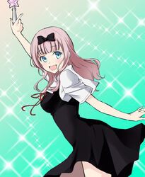  arm_up bad_id bad_pixiv_id black_bow black_dress blue_eyes blunt_bangs bow dress female from_side fujiwara_chika hairbow kaguya-sama_wa_kokurasetai_~tensai-tachi_no_renai_zunousen~ kurage1 long_hair looking_at_viewer pinafore_dress pink_hair school_uniform shuuchiin_academy_school_uniform sleeveless sleeveless_dress solo 