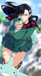  absurdres aiming aiming_at_viewer asymmetrical_bangs black_hair black_socks blue_eyes blurry blurry_background bow bowtie breasts brown_footwear burn_the_witch capelet dragon female film_grain fingernails floating_hair full_body green_jacket green_skirt gun highres jacket large_breasts long_hair looking_at_viewer motion_blur niihashi_noel onimoti open_mouth parted_lips plaid_capelet pleated_skirt red_bow red_bowtie red_capelet riding shirt skirt socks solo thigh_strap thighs weapon white_shirt 