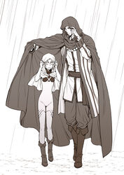  1boy beard boots cape closed_eyes day facial_hair female greyscale hand_up highres hood hooded_cape long_sleeves monochrome outdoors pixiv_fantasia pixiv_fantasia_age_of_starlight rain romper shima108 standing star_girl_luna trade_king_farid 