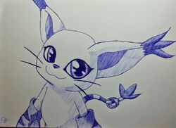  anthro ballpoint_pen bandai_namco big_ears big_eyes cat_tail digimon digimon_(species) enginseer_cyvius female feral gatomon hi_res monotone_background monotone_body pen solo traditional_media_(artwork) whiskers 