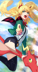  absurdres aiming aiming_at_viewer blonde_hair blurry blurry_background boots bow bowtie burn_the_witch capelet dragon female floating_hair green_eyes green_jacket gun hair_between_eyes highres holding holding_gun holding_weapon jacket legs_up long_hair motion_blur ninny_spangcole onimoti open_clothes open_jacket open_mouth plaid_capelet red_bow red_bowtie red_capelet riding short_shorts shorts sidelocks skirt solo suspenders teeth thigh_boots thigh_strap upper_teeth_only weapon white_skirt 