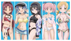  5girls akemi_homura bad_id bad_pixiv_id bikini bikini_skirt black_hair blonde_hair blue_background blue_eyes blue_hair blush border bow breasts cleavage collarbone commentary_request contrapposto double_v drill_hair eye_contact finger_to_cheek groin hair_ornament hair_ribbon hairband hairbow hand_on_hilt hand_on_own_stomach hateri highres kaname_madoka large_breasts long_hair looking_at_another looking_at_viewer mahou_shoujo_madoka_magica medium_breasts medium_hair miki_sayaka multiple_girls navel open_mouth pink_eyes pink_hair ponytail print_bikini purple_eyes red_bikini red_eyes red_hair ribbon sakura_kyoko short_hair short_shorts short_twintails shorts side-tie_bikini_bottom small_breasts smile standing striped swimsuit thighs tomoe_mami twin_drills twintails v very_long_hair visor_cap white_bikini white_border yellow_bikini yellow_eyes 