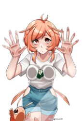  against_glass antenna_hair breast_press breasts breasts_on_glass commission commissioner_upload condylonucla denim denim_shorts female highres looking_at_viewer orange_eyes orange_hair original pepper_(teuthidan) shirt_tucked_in short_hair shorts shrimp shrimp_girl signature 