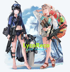  2girls ads_assault_rifle barefoot bikini black_hair blonde_hair blue_nails blue_sky breasts cloud day eyewear_on_head full_body goggles goggles_on_head gun h&amp;k_ump hair_ornament hair_scrunchie highres holding holding_gun holding_weapon inoue_takina large_breasts long_hair lycoris_recoil medium_breasts multiple_girls nail_polish navel neko_(yanshoujie) nishikigi_chisato one_side_up open_clothes open_fly open_shirt outdoors purple_eyes red_eyes red_nails red_scrunchie sandals scrunchie shirt short_hair shorts sky smile standing submachine_gun sunglasses swimsuit toenail_polish toenails toes trigger_discipline vertical_foregrip weapon white_shirt white_shorts 