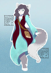  absurd_res anthro clothed clothing digital_media_(artwork) facial_piercing felid feline female fur grey_body grey_fur hair heterochromia hi_res inner_ear_fluff looking_at_viewer mammal nose_piercing piercing septum_piercing shaded simple_background smile solo tuft white_body white_fur wi3llowbee 