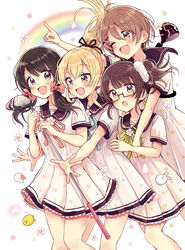  4girls :d ;d absurdres black_hair black_sailor_collar blonde_hair blue_ribbon blush brown_eyes brown_hair commentary_request dress feet_out_of_frame flower golf_club green_eyes green_ribbons hair_between_eyes hair_ornament hairclip highres higuchi_kaede_(swing!!) holding long_hair miyasato_haruka multiple_girls neck_ribbon okamoto_natsuhi one_eye_closed open_mouth rainbow red_ribbon ribbon sailor_collar sailor_dress sakura_oriko school_uniform short_sleeves smile swing!! white_background white_dress white_flower x_hair_ornament yokomine_ibuki 