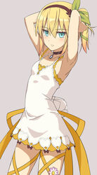  aqua_eyes armpits arms_up black_choker black_hairband blonde_hair blush bow choker closed_mouth collarbone cowboy_shot dress edna_(tales) female flower frown gradient_hair green_bow green_ribbons grey_background hair_between_eyes hair_ribbon hairband hairbow highres leg_ribbon medium_hair multicolored_hair orange_hair pink_flower ribbon short_dress side_ponytail simple_background sleeveless sleeveless_dress solo standing sundress tales_of_(series) tales_of_zestiria thigh_ribbon white_dress yellow_ribbon yozo_(yozo2000) 