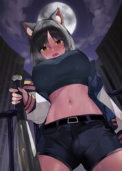  animal_ear_fluff animal_ears bad_id bad_pixiv_id baseball_bat black_hair blush breasts cat_ears cityscape commission covered_nipples cowboy_shot crop_top empty_eyes female from_below hair_between_eyes jacket kamchrome large_breasts letterman_jacket linea_alba long_hair looking_at_viewer looking_down midriff moon navel night night_sky oerba_yun_fang open_mouth original outdoors shirt short_shorts shorts skin_fang sky solo standing taut_clothes taut_shirt yellow_eyes 