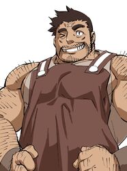  1boy apron arm_hair bara bare_arms bare_shoulders brown_apron brown_hair cross_scar facial_hair gordon_(f-kare) grin hairy large_pectorals looking_at_viewer male_focus mature_male mennsuke muscular muscular_male old old_man one_eye_closed pectorals scar scar_on_face scar_on_forehead short_hair shoukan_yuusha_to_f-kei_kareshi sideburns sidepec sleeveless smile solo stubble tank_top white_tank_top wrinkled_skin 