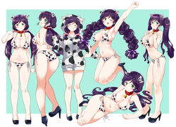  animal_ears animal_print ass bare_arms bare_legs bare_shoulders bell bikini breasts cleavage closed_eyes collar commentary_request cow_ears cow_hood cow_horns cow_print female green_eyes hair_ornament high_heels highres horns kurokawa_makoto large_breasts long_hair looking_at_viewer love_live! love_live!_school_idol_project low_twintails lying navel neck_bell one_eye_closed open_mouth purple_hair red_collar scrunchie shoes side-tie_bikini_bottom smile standing swimsuit tojo_nozomi twintails white_bikini 