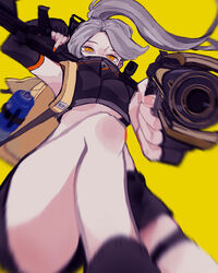  absurdres apex_legends b3_wingman bad_id bad_pixiv_id black_gloves black_jacket black_shorts breasts cropped_jacket d-101_longbow elbow_gloves female fingerless_gloves foregrip gloves grey_hair gun handgun highres holding holding_gun holding_weapon jacket looking_down medium_breasts middle_finger motion_blur orange_eyes orange_nails original ponytail revolver rifle shorts sniper_rifle solo thigh_strap waco_(wacopng0001) weapon 