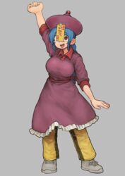  :d absurdres blue_hair braid chanta_(ayatakaoisii) dress female full_body grey_background grey_footwear hand_up hat highres jiangshi_(chanta) long_hair looking_at_viewer ofuda ofuda_on_clothes one_eye_covered original pants pants_under_dress red_dress red_eyes red_hat sash shoes simple_background smile solo translation_request yellow_pants 