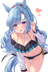  :d animal_ears bikini black_bikini blue_hair braid breasts cleavage collarbone commentary_request drawstring female groin halterneck hand_up heart highres horse_ears horse_girl horse_tail jacket leaning_forward long_hair long_sleeves looking_at_viewer medium_breasts mejiro_ardan_(umamusume) navel off_shoulder open_clothes open_jacket ponytail puffy_long_sleeves puffy_sleeves purple_eyes side-tie_bikini_bottom simple_background smile solo swimsuit tail thigh_gap tomo_(tmtm_mf_mf) umamusume very_long_hair white_background white_jacket 