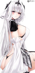  absurdres armor armored_dress ass azur_lane backless_dress backless_outfit bikini black_bikini black_panties black_tiara detached_sleeves dress female from_side highres long_hair looking_at_viewer marseillaise_(azur_lane) panties pavi revealing_clothes sitting swimsuit thong tiara underwear white_background white_dress white_hair 