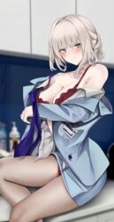  alternate_costume an-94_(antje)_(girls&#039;_frontline) an-94_(girls&#039;_frontline) aqua_eyes aqua_hair bra breasts cleavage female fte_(fifteen_199) girls&#039;_frontline highres id_card jacket necktie off_shoulder office_lady official_alternate_costume open_clothes open_jacket open_shirt panties pantyhose pencil_skirt red_bra red_panties sitting skirt solo strap_slip underwear 