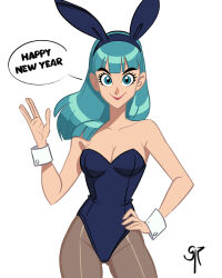  animal_ears aqua_eyes aqua_hair artist_name blue_leotard breasts bulma_briefs cleavage collarbone commentary contrapposto cowboy_shot dragon_ball english_commentary english_text fake_animal_ears female galmesh_rosewood hand_on_own_hip happy_new_year highleg highleg_leotard highres large_breasts leotard long_hair looking_at_viewer pantyhose playboy_bunny rabbit_ears simple_background smile solo strapless strapless_leotard white_background white_wrist_cuffs wrist_cuffs 