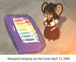  anthro april_(month) bow_ribbon buckteeth chimpo closed_eyes clothing dress female high_angle little_tikes mammal margaret_de_campos mice_tea micro mouse murid murine musical_instrument neil_banging_out_the_tunes percussion_instrument rodent sketchy solo teeth text tunes whiskers xylophone 