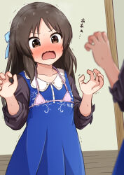  1other bikini bikini_top_only black_sleeves blue_dress blue_ribbon blurry blush brown_eyes check_translation collarbone comiching depth_of_field dot_nose dress embarrassed floral_print hair_ribbon hand_up highres idolmaster idolmaster_cinderella_girls indoors long_hair long_sleeves nose_blush open_mouth pink_bikini puffy_sleeves ribbon solo sweat swimsuit swimsuit_over_clothes tachibana_arisu translation_request wavy_mouth 