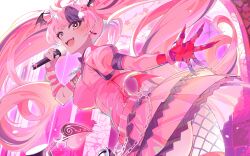  absurdres ahoge akagi_(sk0127aho) bell belt black_wings chains demon_tail dress earrings female head_wings heterochromia highres holding holding_microphone horns indie_virtual_youtuber ironmouse jewelry long_hair low_wings microphone pink_belt pink_dress pink_eyes pink_hair pink_wings pointy_ears purple_eyes purple_hair single_fishnet_legwear solo tail teeth twintails upper_teeth_only virtual_youtuber white_horns wings 