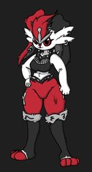  big_breasts black_fur cinderace cosplay dark_background ellie_walls fanart fishnets furry fusion goth grey_fur hair_ornament hairclip lagomorph line_art nuvostalis odyssey-ellie odysseyellie piercing piercings pokemon red_fur spikes sports_bra thick_thighs white_fur 