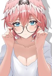  absurdres adjusting_eyewear blue_eyes blush breasts cleavage female glasses head_wings headband highres hololive large_breasts light_frown looking_at_viewer oru_0653 pink_hair pink_wings shadow shirt short_hair simple_background solo t-shirt takane_lui upper_body virtual_youtuber white_background wings 